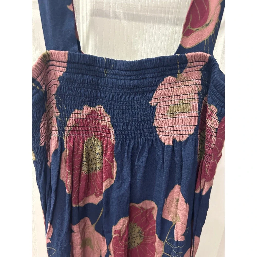 Cinnamon Girls Floral Sundress Navy‎ Pink Poppy Smocked Back Pockets 7/8 k2028